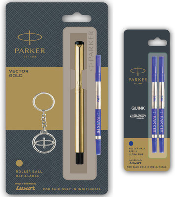 PARKER Vector Gold Roller Pen With Keychain and Ultra Fine Combo Refill Roller Ball Pen(Ink Color - Blue)