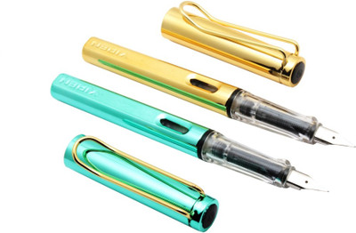 Ledos Set Of 2 - Yiren Safari Star Fountain Pens Shine Apple Green & Gold With Wired Clip Fine Nib Pen Gift Set(Pack of 2)