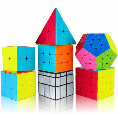 Authfort Speed 2X2 3x3 4x4 5x5 and Pyraminx Pyramid Triangle, Megaminx, SIlver Mirror & Windmill cube set Puzzle Cubes Combo (B - Pack of 7 Cube)(7 Pieces)
