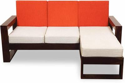 Allie Wood Sheesham Wood 3+1 L Shape 4 Seater Sofa Set for Home Living Room Furniture Hall (Walnut Finish with Orange and Cream Cushion) Fabric 4 Seater  Sofa  (Finish Color - Dark Walnut, DIY(Do-It-Yourself))