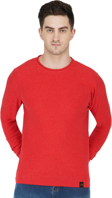 Joe Hazel Solid Round Neck Casual Men Red Sweater