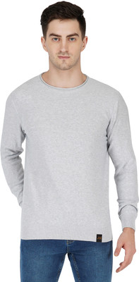 Joe Hazel Solid Round Neck Casual Men Grey Sweater