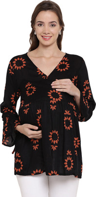 Mine4Nine Casual Bell Sleeve Floral Print Women Black Top