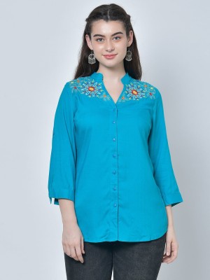 NAFS Casual 3/4 Sleeve Embroidered Women Blue Top