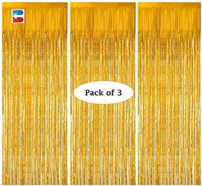 BIZZORT Metallic Golden Foil fringe curtain Pack of 3(Gold, Golden)