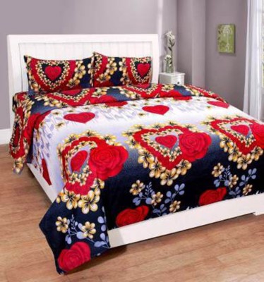 HS CREATIONS 140 TC Polyester Queen Floral Flat Bedsheet(Pack of 1, Red, White & Blue Rose)