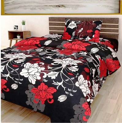 RS Creations Cotton Queen Flat 140 TC Floral Bedsheet(Pack of 1, Black, White & Red Flowers)