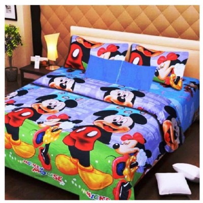 HS CREATIONS 140 TC Polyester Queen Animal Flat Bedsheet(Pack of 1, Blue Micky Mouse)