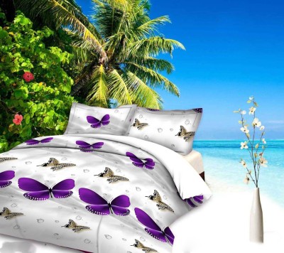 HS CREATIONS 160 TC Polyester Queen Animal Flat Bedsheet(Pack of 1, White & Purple Butterfly)