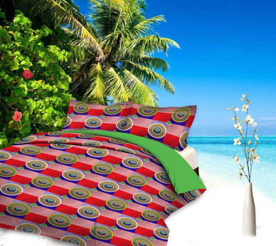 RK TRADES 140 TC Cotton Queen Printed Flat Bedsheet(Pack of 1, Red & Grey Circle)