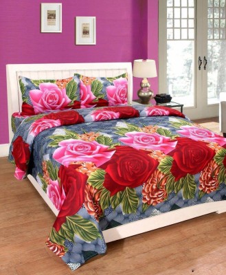 HS CREATIONS 140 TC Polyester Queen Animal Flat Bedsheet(Pack of 1, Grey, Pnk & Red Rose)