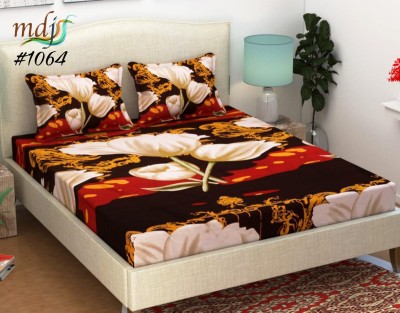 HS CREATIONS 160 TC Polyester Queen Animal Flat Bedsheet(Pack of 1, Red, Brown & White Flowers)