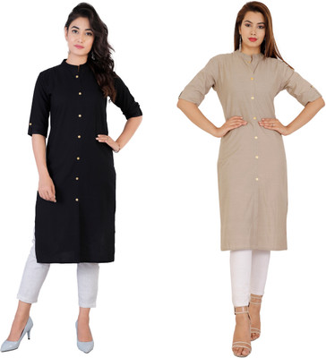 Rimeline Fashion Women Solid Straight Kurta(Black, Beige)