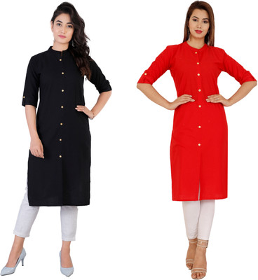 Rimeline Fashion Women Solid Straight Kurta(Black, Red)