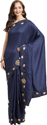 Shaily Retails Self Design Bollywood Silk Blend Saree(Dark Blue, Red)