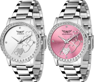 ANALOGUE Combo of 2 Pink and Silver Diamond Studded Love Series Stainless Steel Chain Analog Watch  - For Women