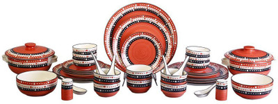 caffeine Pack of 37 Ceramic Handmade Multi Color Dotted Dinner Set Dinner Set(Multicolor, Microwave Safe)