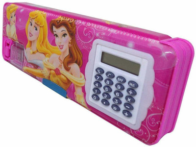 Richie traders Multipurpose Magnetic Pencil Box with Calculator & Dual Sharpener for Girls & Boys for School | Big Size Cartoon Printed Pencil Case for Kids Geometry Box(Pink)