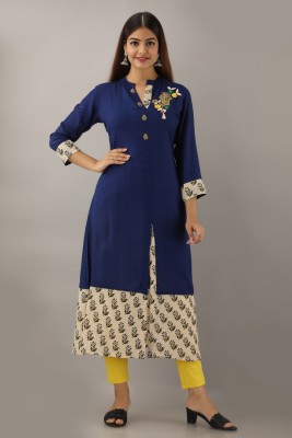 Style N Clothing Women Embroidered, Solid Frontslit Kurta(Blue)