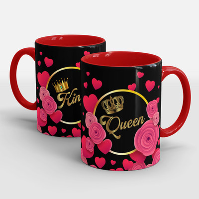 Sublikraft King & Queen 3 Tone Red Inner color Printed Ceramic Coffee Mug(330 ml, Pack of 2)
