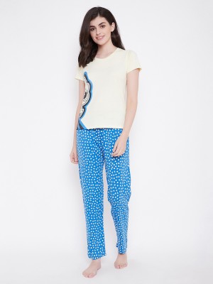 Clovia Women Graphic Print White, Blue Top & Pyjama Set
