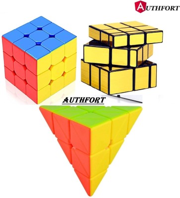 Authfort Speed Cubes 3 Pack Set - 3x3x3 Pyramid Gold Mirror Cube Sticker Magic Cubes Collection Puzzle Boxes Toy(3 Pieces)