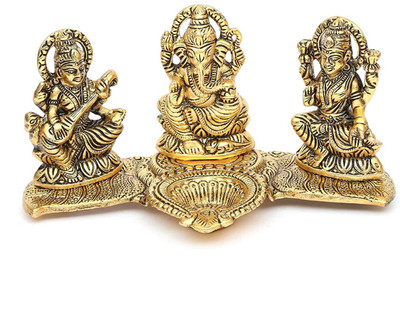 SANKALAN CREATIONS Laxmi Ganesh Saraswati Idol Decorative Murti Decorative Showpiece  -  10 cm(Metal, Gold)