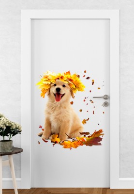 DivineDesigns 56 cm Cutee Dog Autumn Leaves Self Adhesive Sticker(Pack of 1)