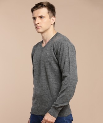 Raymond Solid V Neck Casual Men Grey Sweater