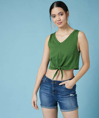 Chimpaaanzee Casual Sleeveless Solid Women Green Top