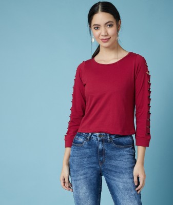 Chimpaaanzee Casual Full Sleeve Solid Women Maroon Top