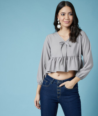 Chimpaaanzee Casual Full Sleeve Solid Women Grey Top