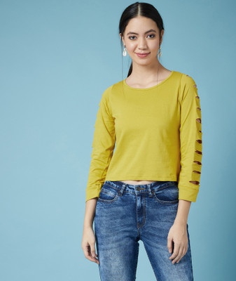 Chimpaaanzee Casual Full Sleeve Solid Women Yellow Top