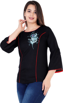Silkova Casual Bell Sleeve Embroidered Women Black Top