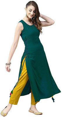 VED CREATION Women Solid A-line Kurta(Green)