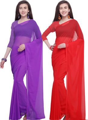 ANAND Solid/Plain Daily Wear Georgette Saree(Pack of 2, Purple, Red)