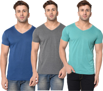 Adorbs Solid Men V Neck Dark Blue, Grey, Light Green T-Shirt