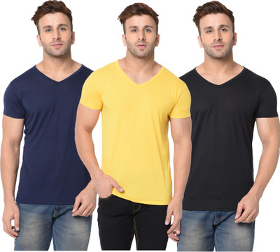 Adorbs Solid Men V Neck Dark Blue, Black, Yellow T-Shirt