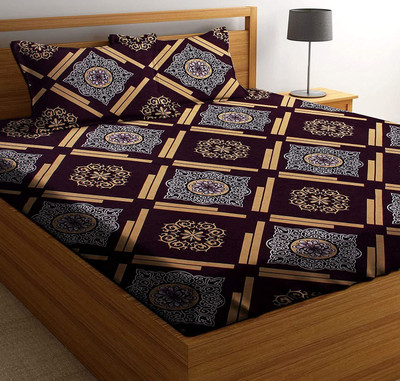 Loof Klapper 140 TC Cotton Double Printed Flat Bedsheet(Pack of 1, Brown)