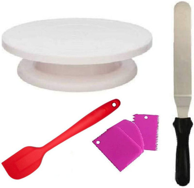 prisma collection Combo of Cake Turntable, 6 inch Angular Stainless Steel Icing Spatula/Palette Knife,3 Pieces of Dough Scrapper + 1 Extra Strong Best Quality high Silicone Spatula Kitchen Tool Set(Baking Tools, Spatula)