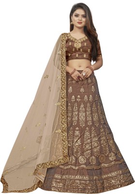 Hensi sarees shop Embroidered Semi Stitched Lehenga Choli(Brown)