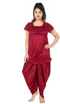 D-LIGHT Women Solid Maroon Top & Pyjama Set