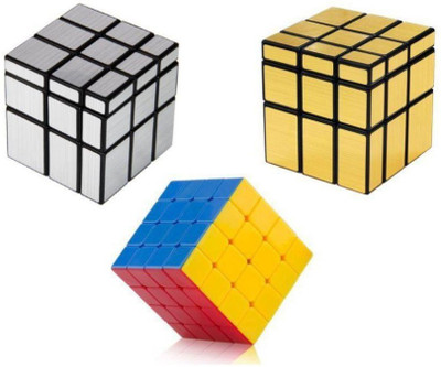 Authfort High Speed Silver Mirror , Gold Mirror Stickered & 4 x 4 Speed cube combo pack of 3(3 Pieces)