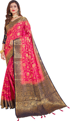 Darshita International Woven Kanjivaram Silk Blend Saree(Blue, Pink)