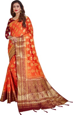 Darshita International Woven Kanjivaram Silk Blend Saree(Maroon, Orange)