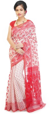 WoodenTant Woven Jamdani Cotton Silk Saree(Red, White)