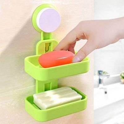 SAJAG Bathroom Wall Mounted Vacuum Suction Cup Hanging Soap Holder Double Layer Plastic Soap Case Drain Dish(Multicolor)