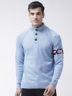 Club York Self Design High Neck Casual Men Blue Sweater