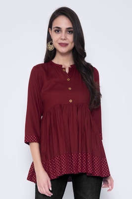 God Bless Casual 3/4 Sleeve Solid Women Maroon Top