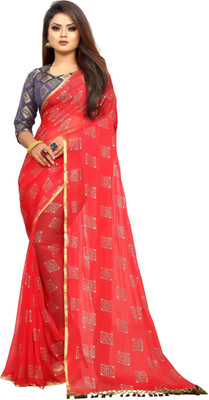 KEEPSHOP Printed, Woven Bollywood Chiffon Saree(Red)